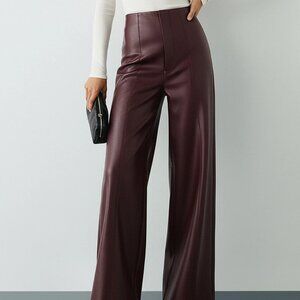 NWT Commense High Waist PU Leather Wide Leg Pants L Burgundy